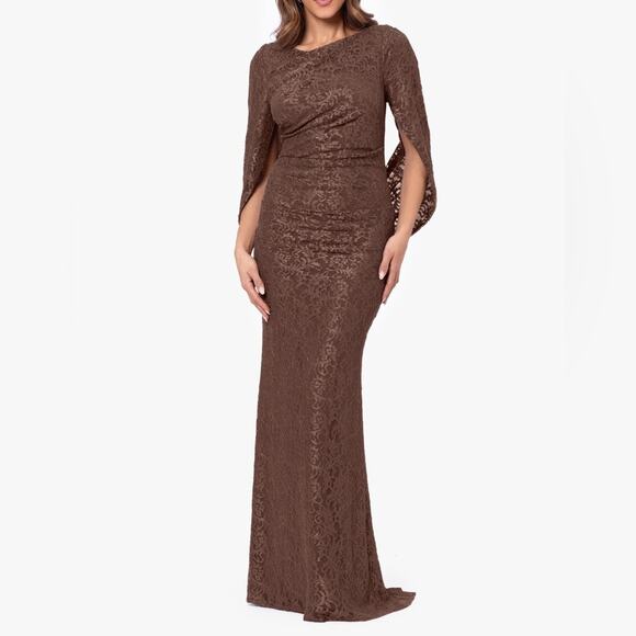Betsy & Adam “Gina” Glitter Lace Cape Back Gown Brown Women’s Sz 4 NWT - Picture 1 of 10